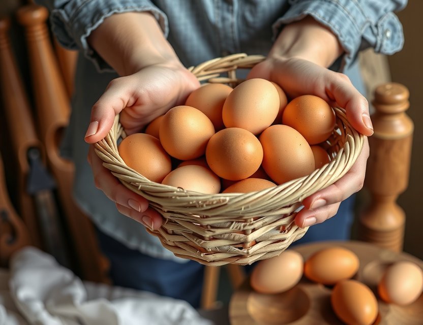 Bauernhand mit frischen Eiern - Tipps zum Kochen mit regionalen Produkten